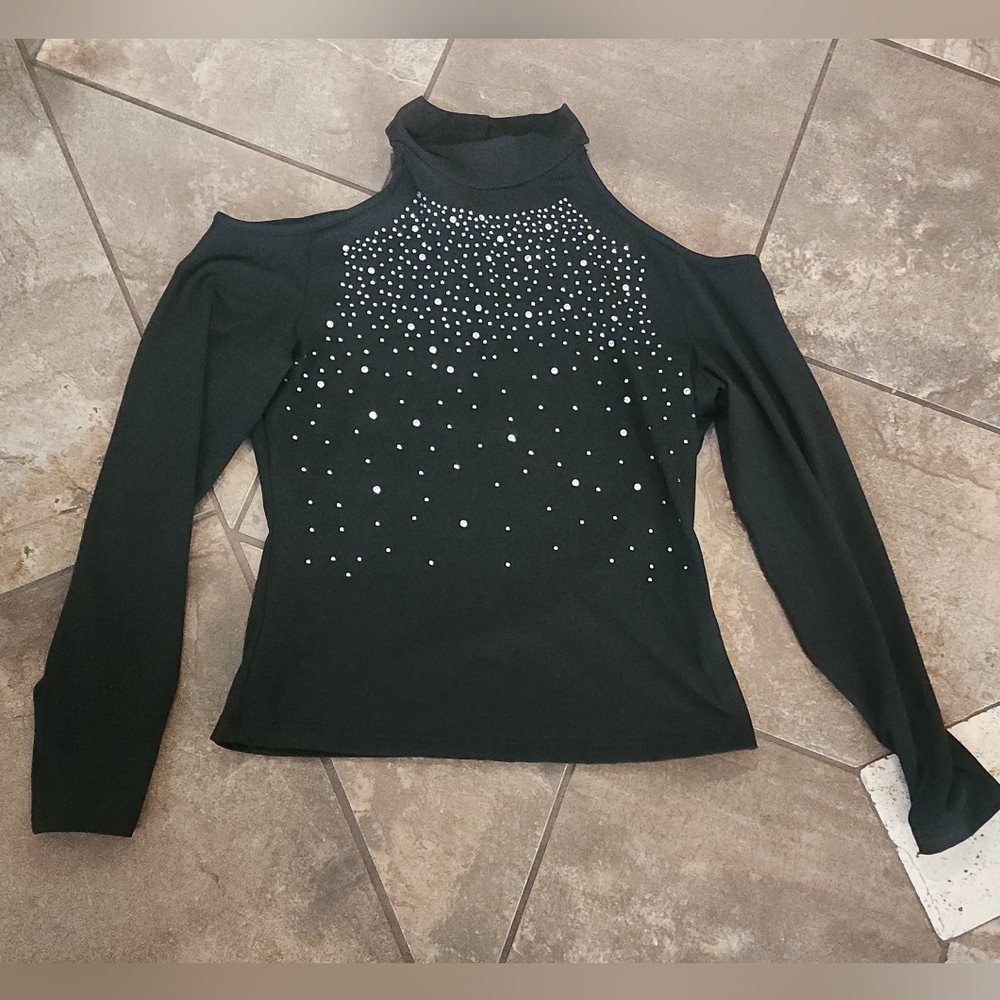 ChicMe Black Cold Shoulder Blouse with Rhinestones XL